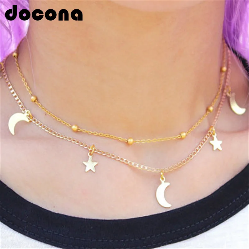 Docona Trendy simple Moon Star Charm Choker Necklace for Women Gold and Silver Color Multi Layer Necklaces Jewelry 3343