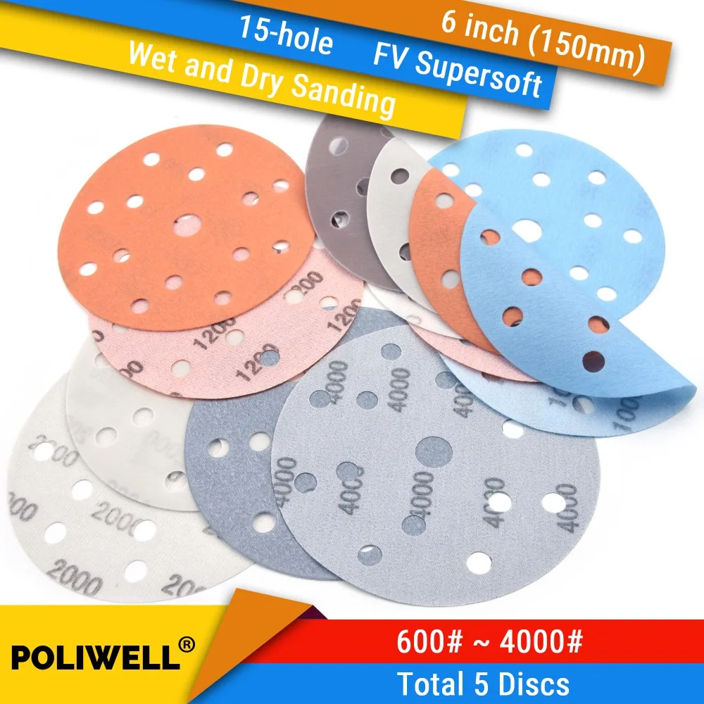 

5PCS 6 Inch(150mm) 15-Hole FV Superfine Wet/Dry Hook & Loop Auto Body Film Sanding Discs Paint Abrasive Sandpaper, 600#-4000#