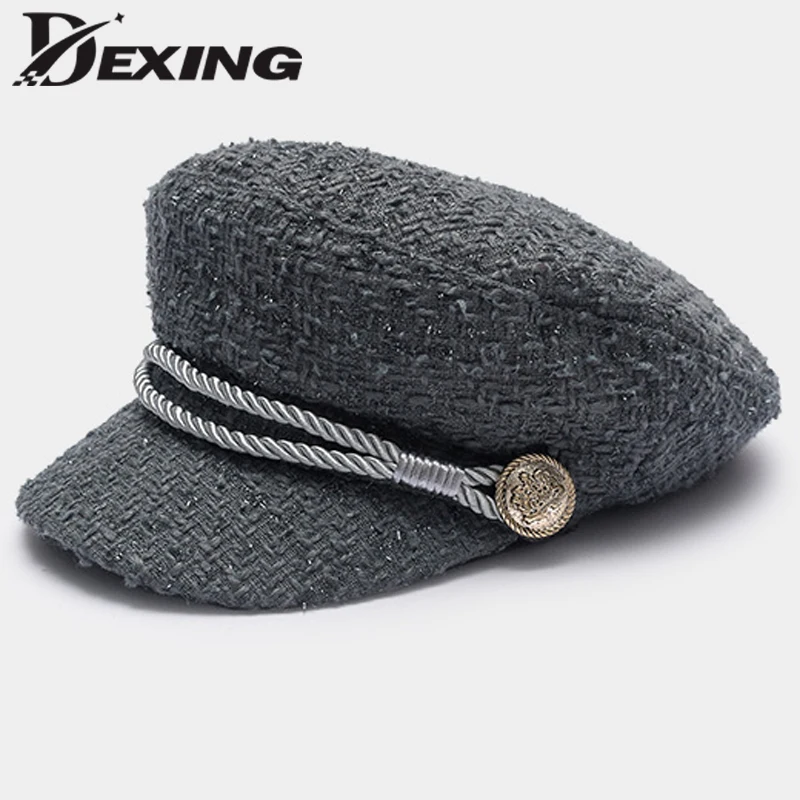 Women Hat Fashion Gold Thread Tweed Baseball Cap Ladies Military Hat Cool Sailor Hat Vintage Student Cap Beret