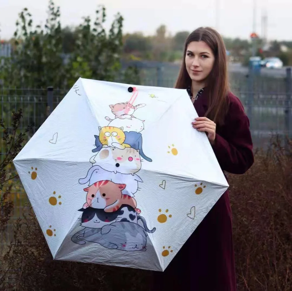 

Five fold five times black coating anti-uv umbrella alloy anti-thunder fiberglass digital 3D digital printing cats bag parasol