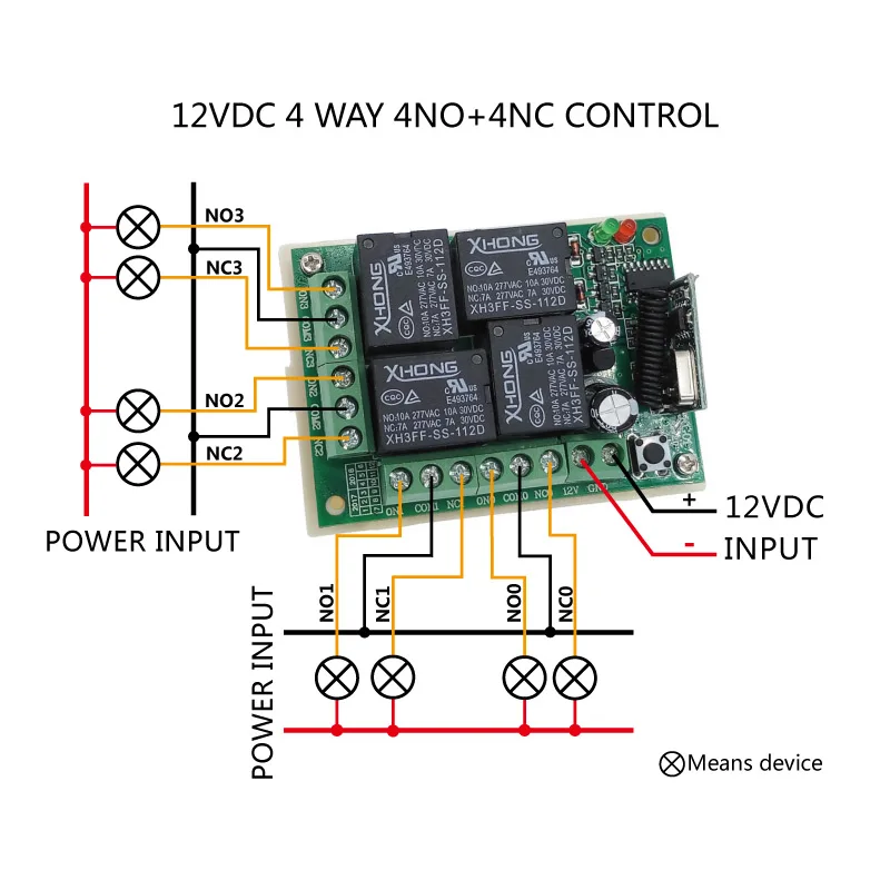 12VDC Wireless remote control switch 4 Way remot control 433MHZ relay receiver module RF 4NO+4NC controller