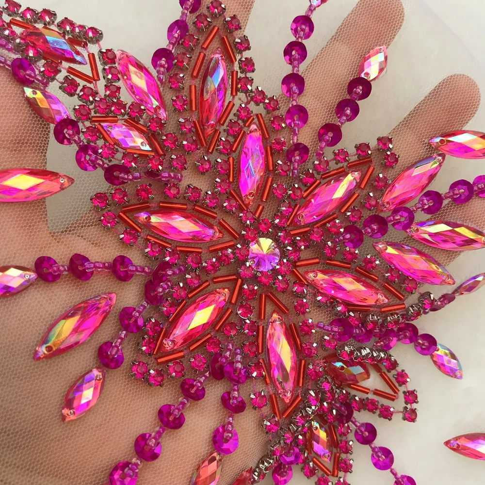 GODDESS Gift Pink 16x28cm Sew-on Rhinestones Crystal Sequin AB Beaded Appliques Patches for Wedding Dress accessories Decoration