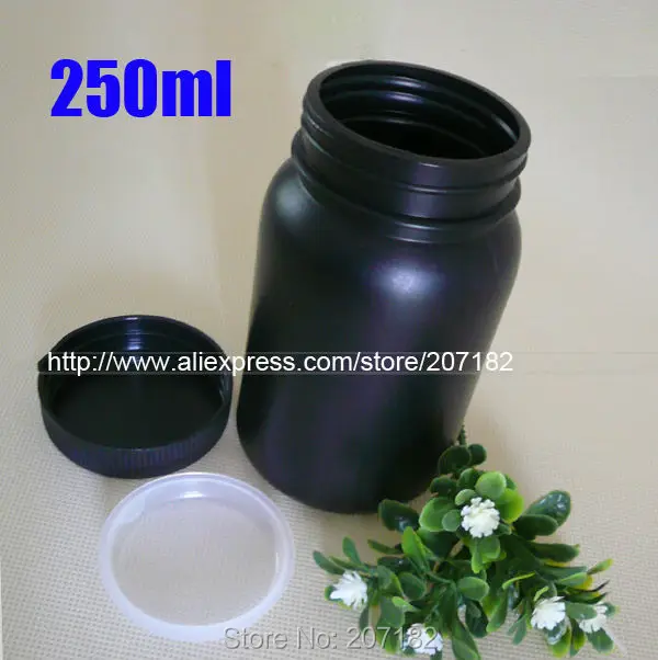 (100pcs/lot) 250ml / 250g  Black HDPE Bottle, Pill Bottle, Plastic Bottle, Wide Mouth Sample Bottle, Capsule Bottle Screw Caps