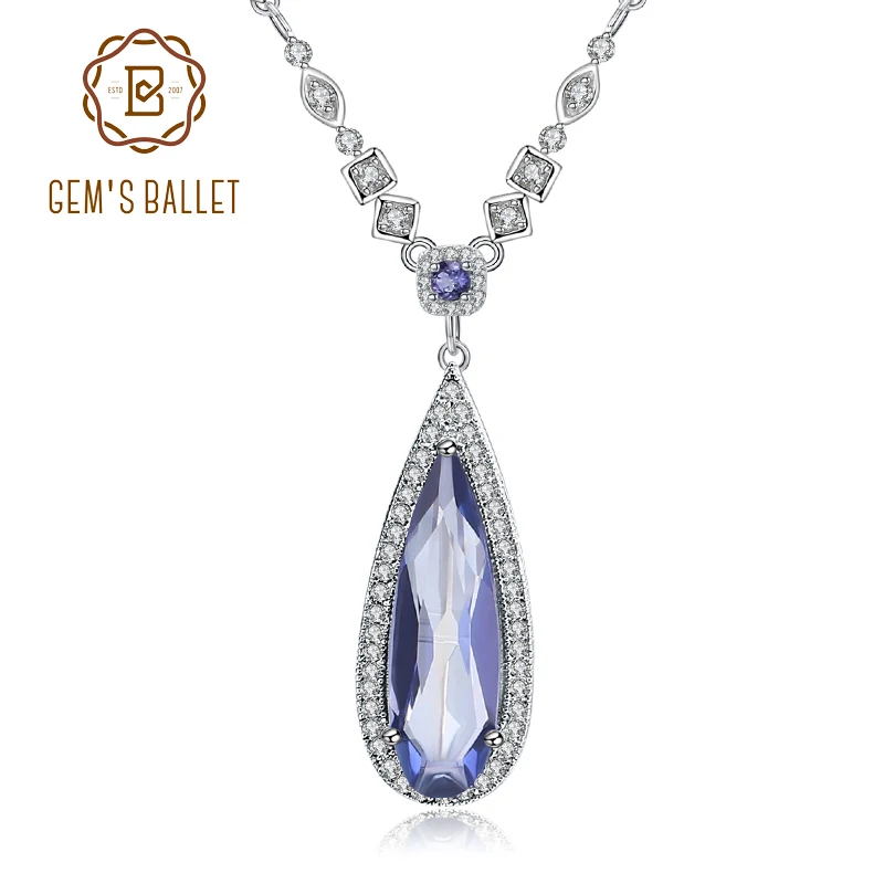 GEM'S BALLET 11.48Ct Natural Iolite Blue Mystic Quartz Water Drop Pendant Necklace For Women 925 Sterling Silver Fine Jewelry