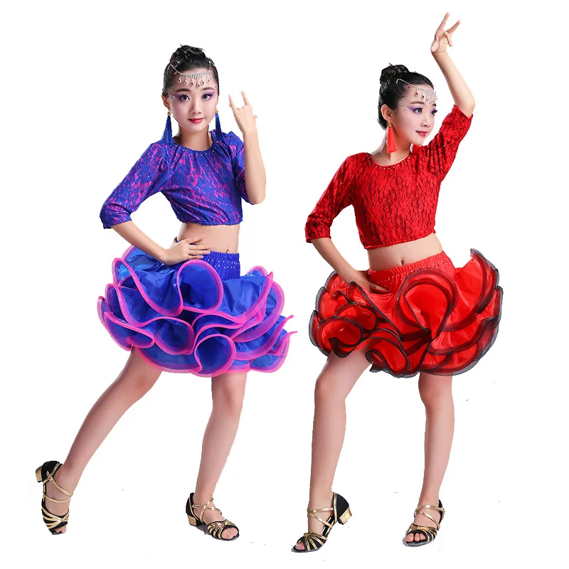 

2017 New sixty-one children's Latin dance performance clothing girls lace skirts and children Latin competition clothing