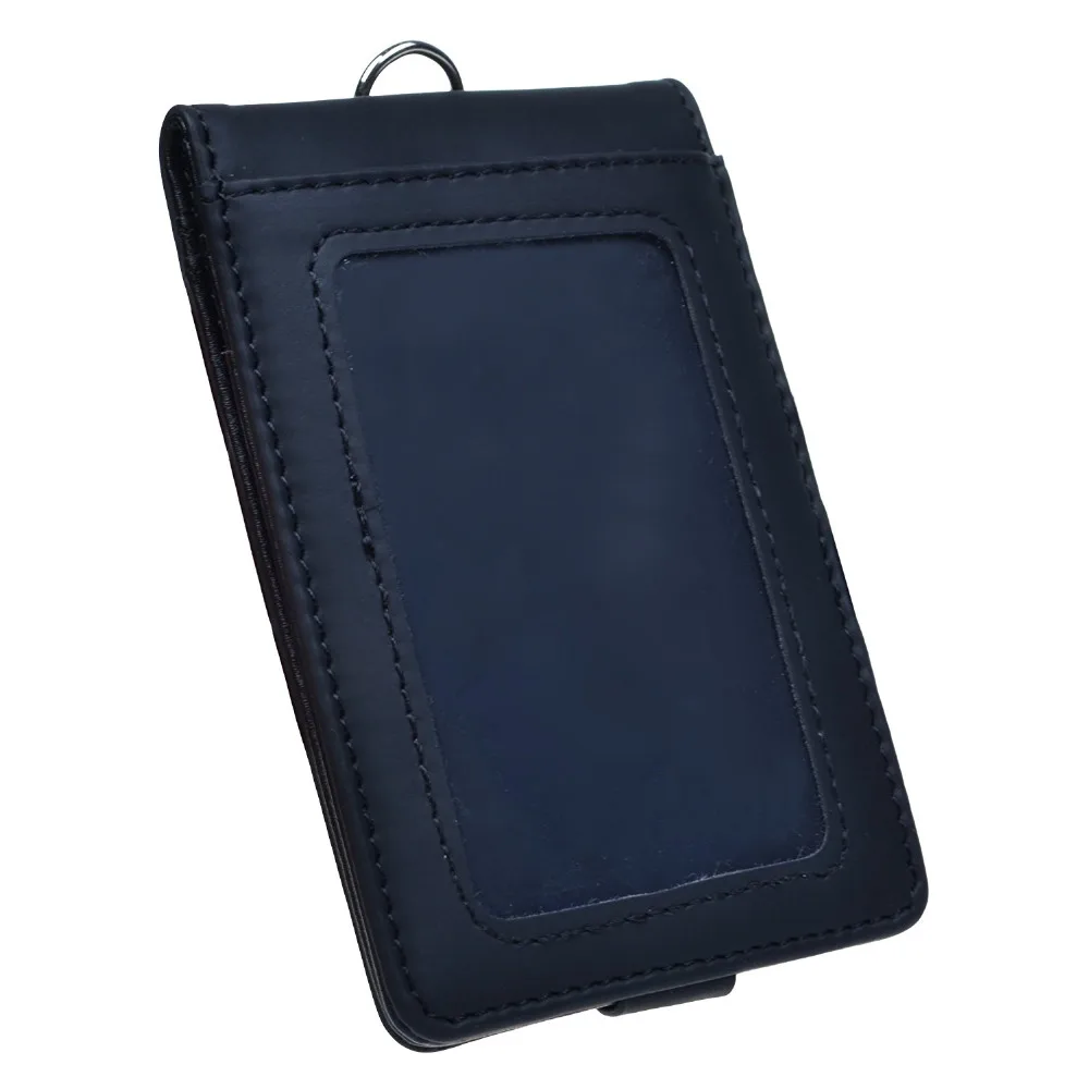 Black Color Folding PU Leather Vertical ID Card Holder with 2 ID Window and 3 Card Slots, with PU Neck Strap Band Lanyard