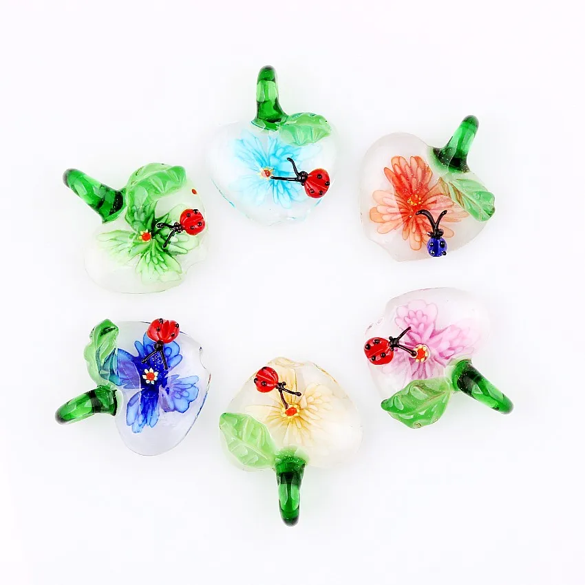 Qianbei-Lovely Apple Insect Pendant, Handmade Murano Lampwork Glass, Mix Colorfit Necklace, Jewelry Gift, Hot, Wholesale, 6Pcs