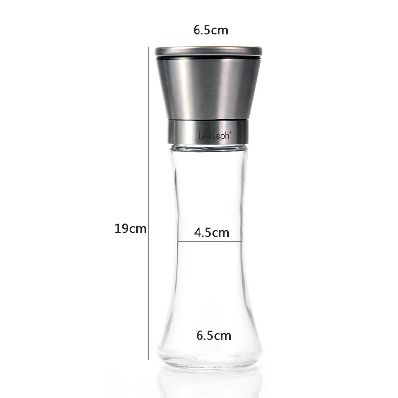 Leeseph 18/8 Brushed Stainless Steel Pepper Mill and Salt Mill, 6 Oz Glass Tall Body, 5 Grade Adjustable Ceramic Rotor