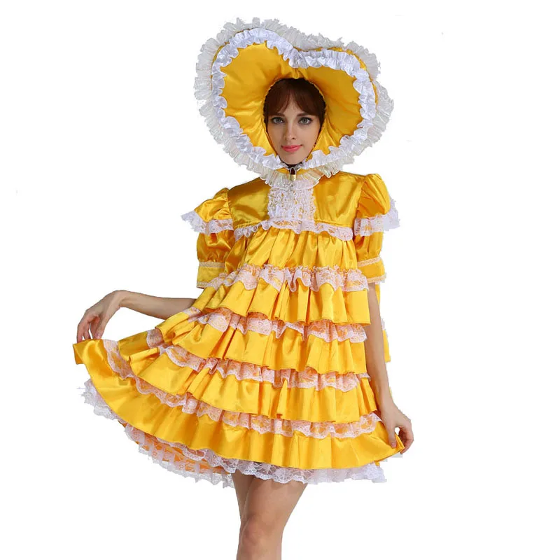 Adult Baby Sweet Heart Sissy Lockable Satin Yellow Dress Uniform Crossdress Cosplay Costume