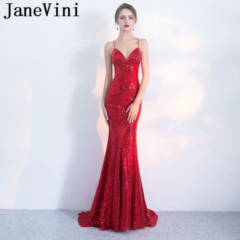 

JaneVini Sexy Red Mother of the Bride Dresses Mermaid Spaghetti Straps Backless Sequined Evening Gowns Sweep Train Lange Jurk