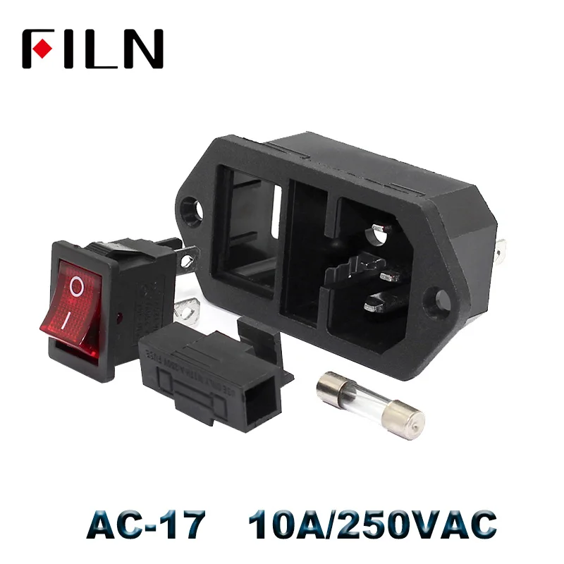 IEC320 C14 Electrical AC Socket 3 pin red LED 250V Rocker Switch 10A fuse female male inlet plug connector 2 pin socket mount