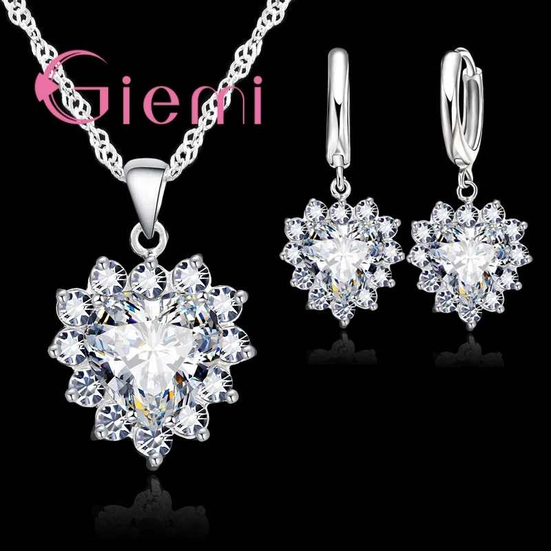 Love Heart Crystal Pendant 925 Sterling Silver Party Jewelry Sets Necklace Earrings For Women Valentine Gifts