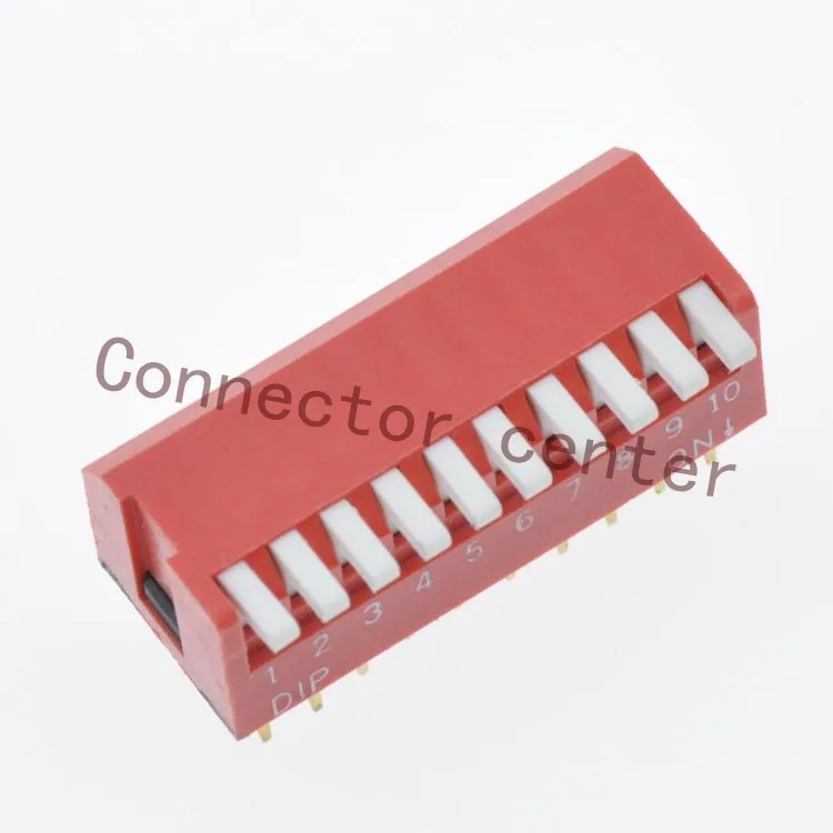 High quality DIP Switch Piano Type Side Actuation 2.54mm Pitch Gold plated 10position 20Pin Red DHL-10