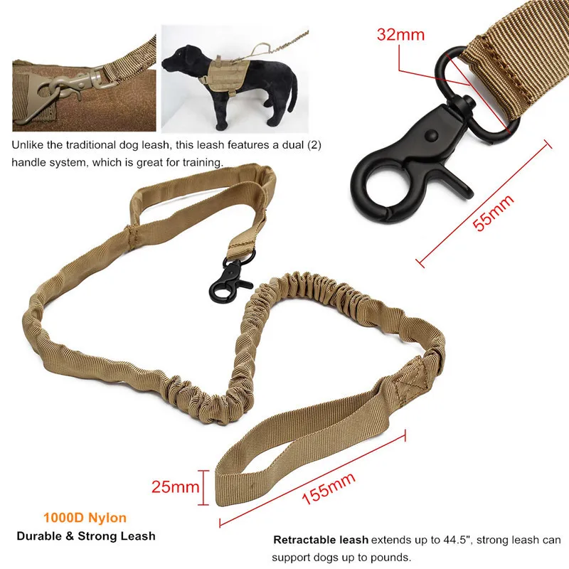 Treinamento tático K9 Dog Lead Leash, Novo Exército Nylon, Militar, Elastic Canine Strap Rope, Colar de arnês de tração