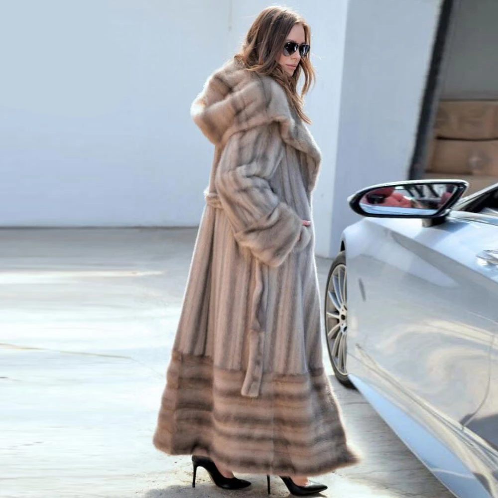 TOPFUR Winter Customized X-Long Coat Real Fur Coat Women Natural Mink Fur Coat With Fur Hood Women Full Sleeve Lapel Collar