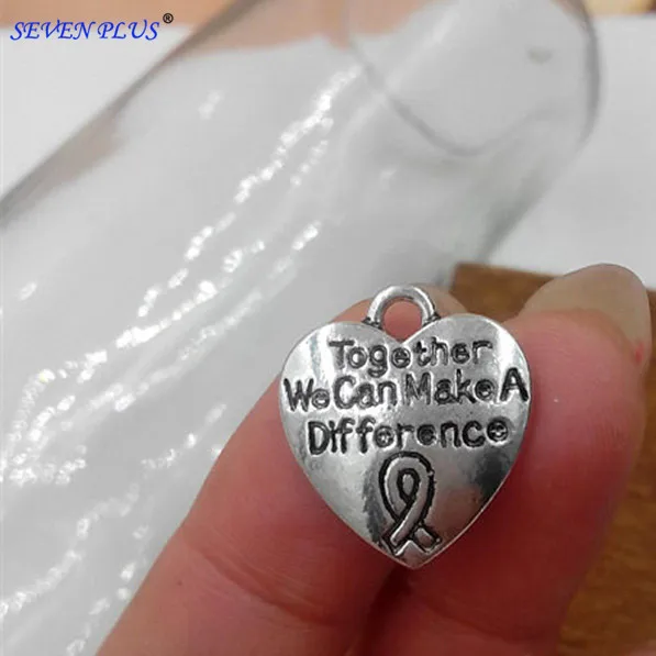 High Quality 20 Pieces/Lot 16*18mm Lette Together We Can Make A Difference Breast Cancer Awareness Heart Ribbon Charm 3190