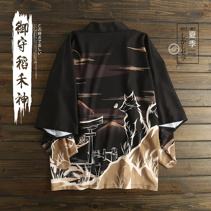 Japanese loose bathrobe Fushimi Inari Patronus sketch Dark Black color haori summer Sunscreen kimono Literature and art cosplay