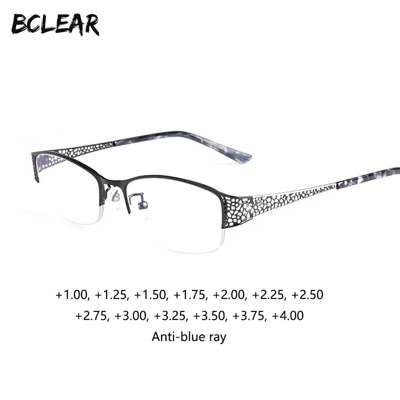 

BCLEAR Fashion Presbyopia Half Frame Reading Eyelasses Clear Anti-Blue Ray Computer Lenses Hollow Alloy Women Reading Glasses