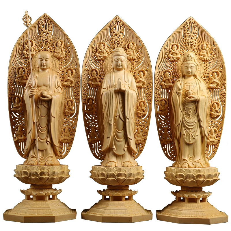 Exquisite Hinoki Wood Craft Statue Collection, Trio of Buddhas and Guanyin Goddess Figurine, Spiritually Rich Statue Collection