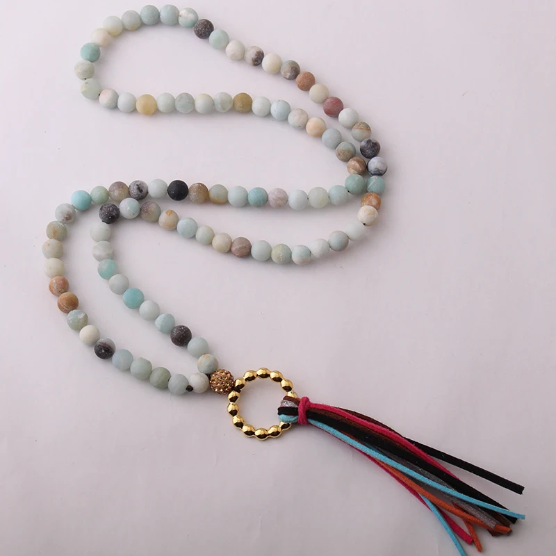 Fashion Amazonite Stones Bohemian Tribal Jewelry Circle Long Tassel Necklace