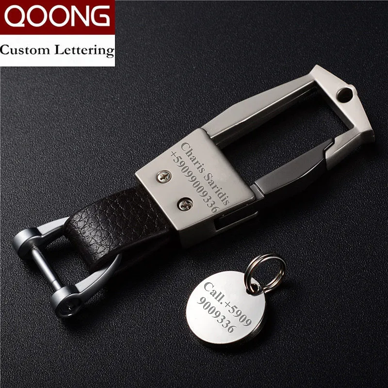 QOONG Custom Lettering Men Metal Leather Keychain Detachable Car Key Ring Horseshoe Buckle Key Chain Waist Hanged Key Holder Y65