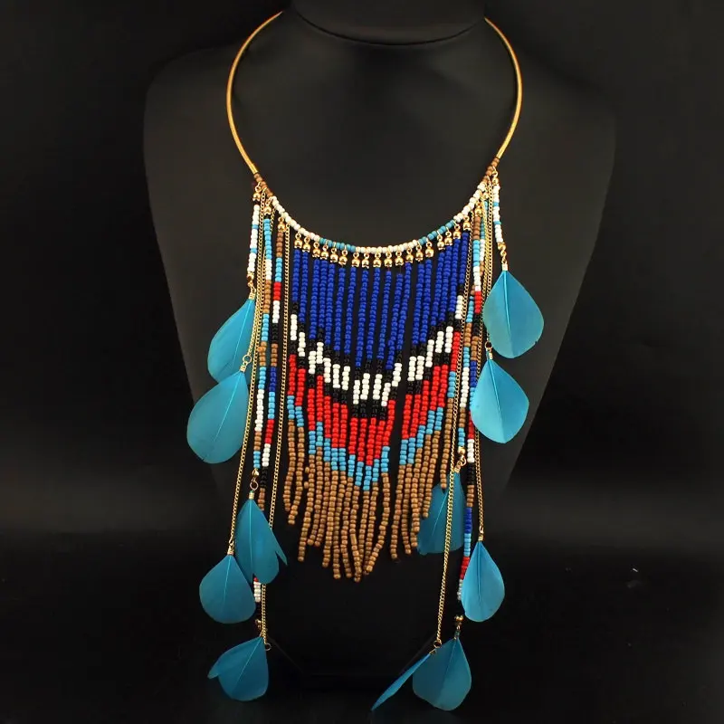 UKEN Bohemian Multicolor Beaded Feather Pendants Necklaces Ethnic Jewelry Women Long Resin Hanging Bead Statement Necklaces