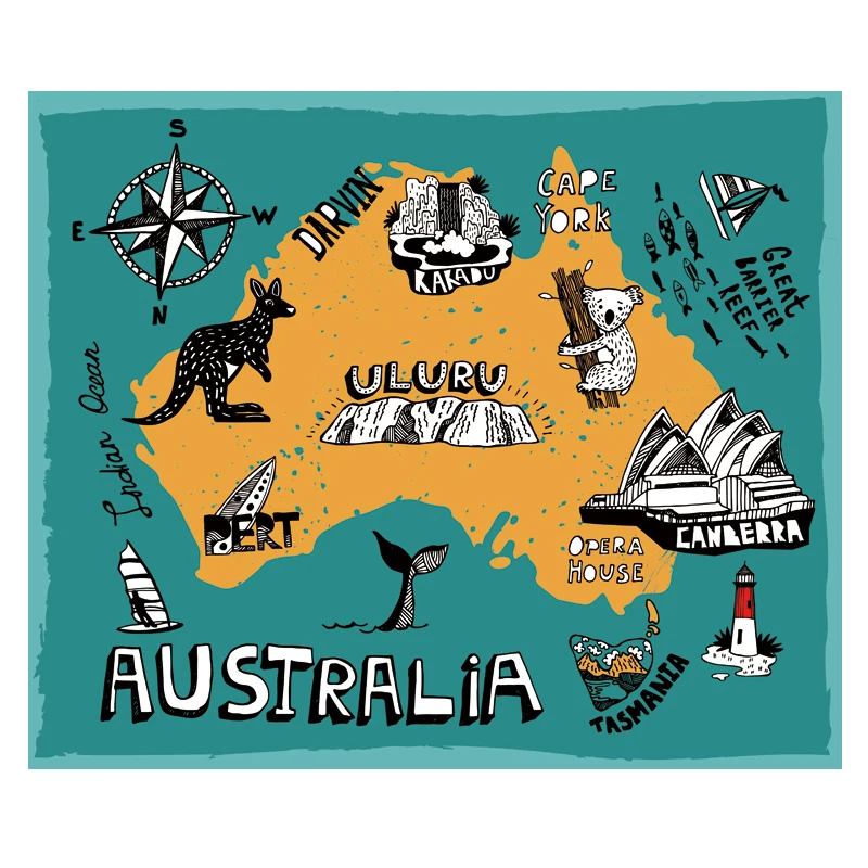 Póster de mapa de ilustración de Australia, tamaño de póster, decoración de pared, mapa grande de Australia, 80x66, impermeable y resistente a roturas