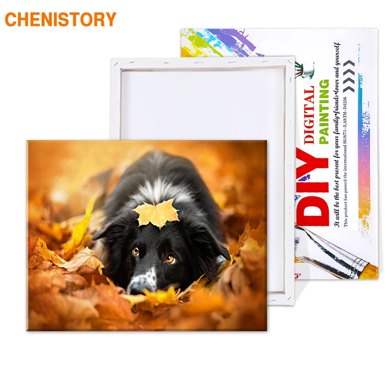 CHENISTORY Maple Leaf Hund DIY Malerei Durch Numebrs Tiere Kalligraphie Malerei Modernen Haus Wand Kunst Hand Gemalt Für Home Dekore