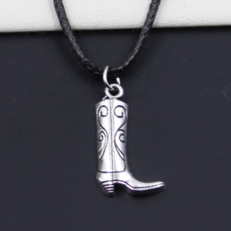 New Durable Black Faux Leather Western Cowboy Boots Pendant Cord Choker DIY Necklace Retro Boho Tibetan Silver Color