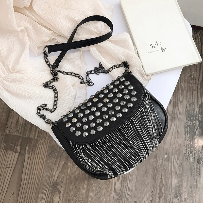 JIEROTYX Original Design Women Bags Leather Diamonds Shoulder Bags Sexy Rivet Shoulder Bag Lady Small Black Tassel Chains