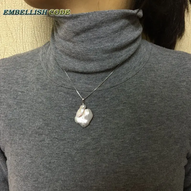 hot Simple baroque large huge pearl pendant necklace irregular keshi shape white color snake chain 16'' 18''