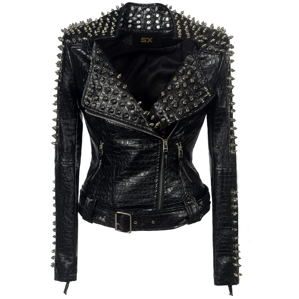 SX Occident Fashion women Club hot style Stud slim fit jacket shoulder rivets zip stitching short PU leather rock coat