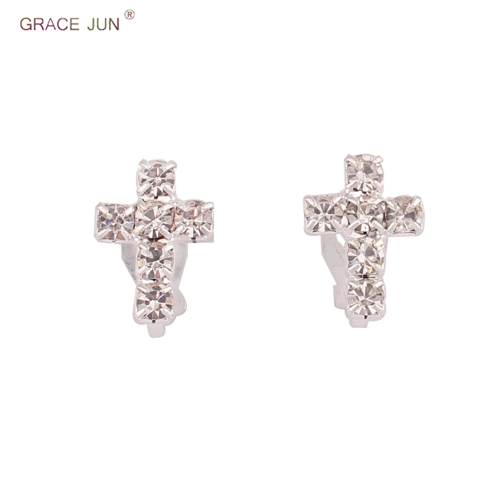 GRACE JUN New Full Rhinestone Clip on Earrings Without Pierced Fashion Student Cuff Earrings Needn\'t Ear Hole Costume Jewelry