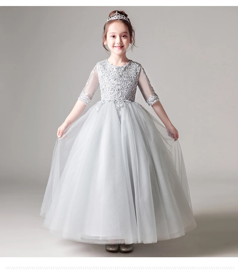 Elegant Gray Tulle Flower Girl Dress For Weddings Baby Baptism Gown Party Pageant Princess Sequin Long Kid First Communion Dress