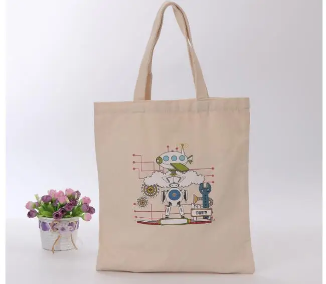 100pcs /Lot Beige Colour Customized Logo  Customized Size Canvas Cotton Tote Bag Two Colors Logo Printing On One Side Silkscreen