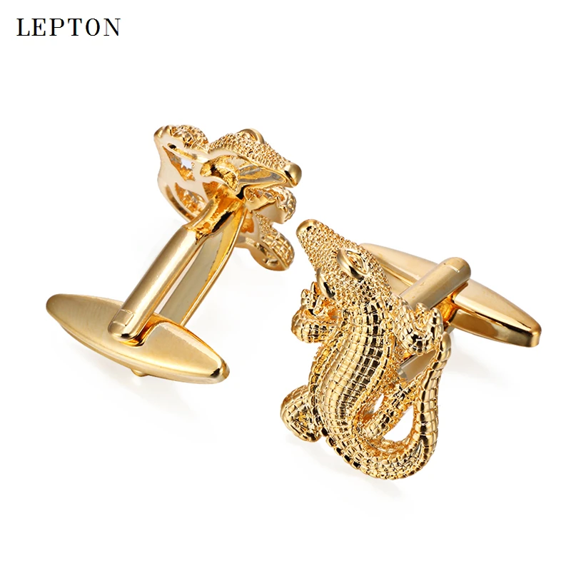 Lepton Crocodile Cufflinks for Mens Gold & Black & Silver Color Fashion Novelty Animal Cufflinks 3D Copper Alligator Cuff links