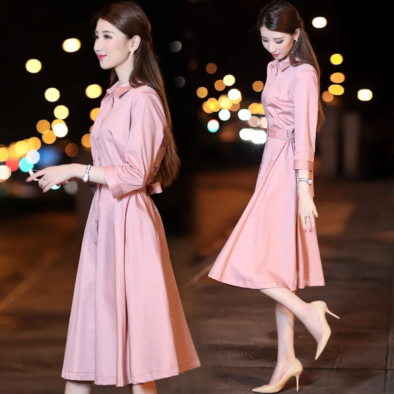 

Fashion 2018 Spring and Autumn New Women's Korean temperament high waist Slim A word dress pink long single-breasted TB1888