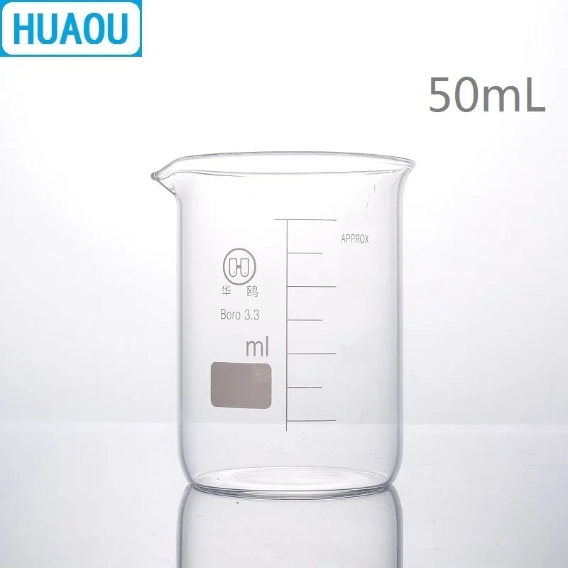 HUAOU 50mL Glass Beaker Low Form Borosilicate 3.3 Glass with Graduation and Spout Measuring Cup Laboratory Chemistry Equipment