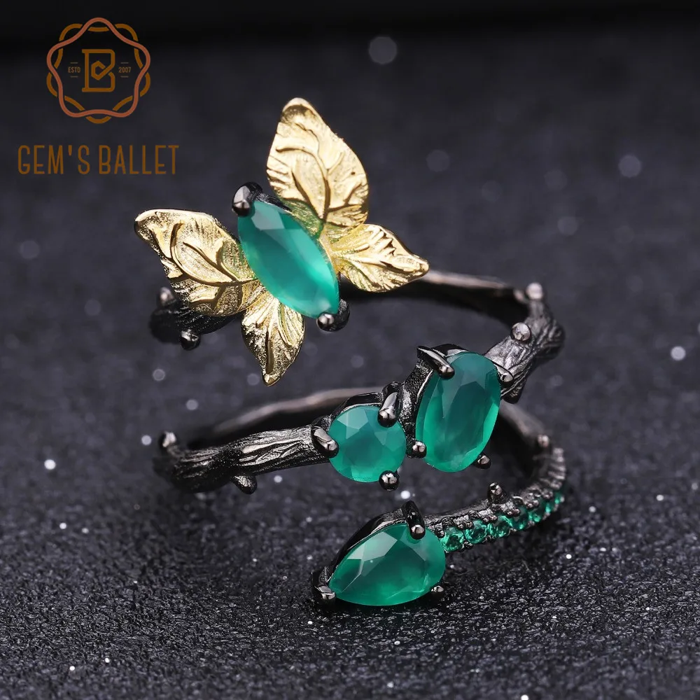 

GEM'S BALLET Natural Green Agate Butterfly Ring 925 Sterling Silver Vintage Rings Original Handmade Bijoux for Women Jewelry