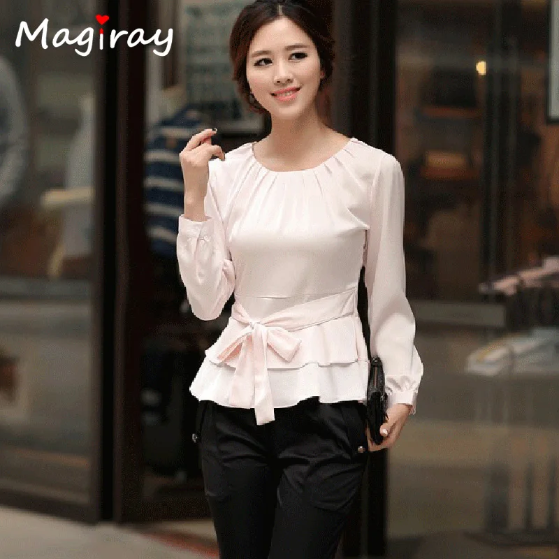 Women\'s Butterfly Chiffon Blouses, Pleated O Neck, White, Long Sleeve, Peplum Belt, Korean, Elegant Female Office Shirt, C15,