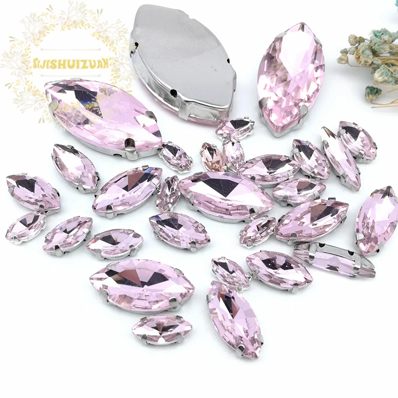 Silver Claw Setting 30pcs/Bag Pink Horse eye Shapes Mix Clear Gass Crystal Sew On Rhinestone Wedding Dress Shoes Bag Diy Trim