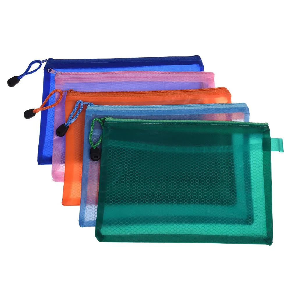 

5pcs Random Color Plastic Double Layer A5 Paper Document File Bill Zipper Bag Pencil Pouch