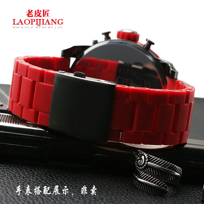 For DZ7396 DZ7370 DZ4289 DZ7070 DZ739 Watchband Black Red 24 28mm Waterproof Silicone Rubber Cover Metal Stainless Strap