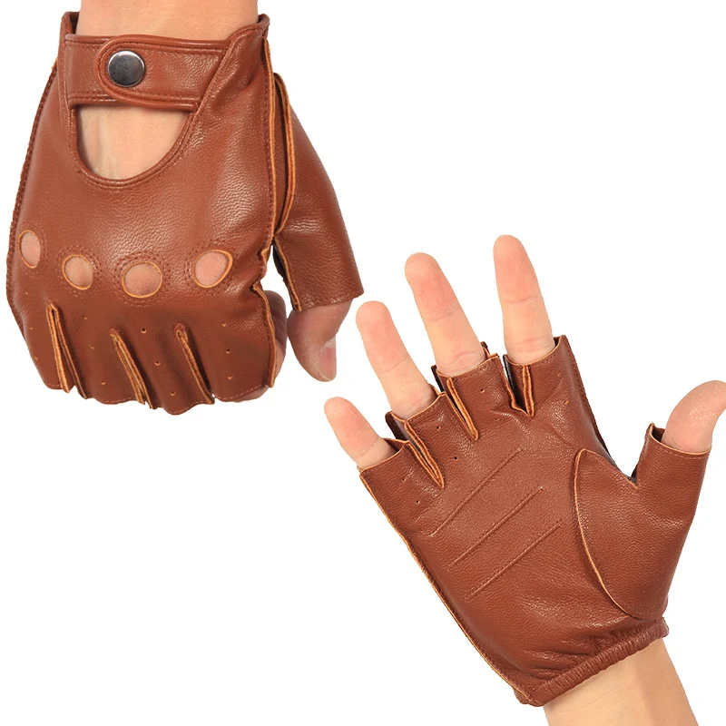 คุณภาพสูงของแท้หนัง Semi-Finger ถุงมือชายบาง Non-SLIP Breathable ขับรถ Goatskin Half Finger Men Mittens NAN7-2