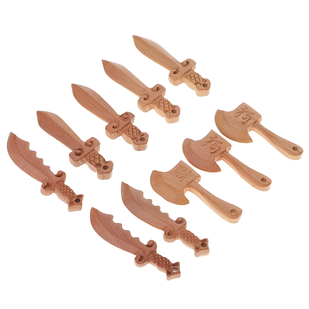 10 Pieces Peach Wooden Carved Crafts Sword Knife Axe Bead Pendants Jewelry Findings DIY Accessory