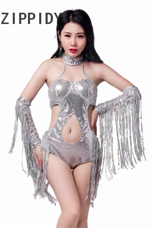 Silver Bright Sequins Tassel Rhinestones Hollow Bodysuit ผู้หญิงชุด Ds ไนท์คลับ Dj Bar นักร้องหญิง Stage เครื่องแต่งกาย