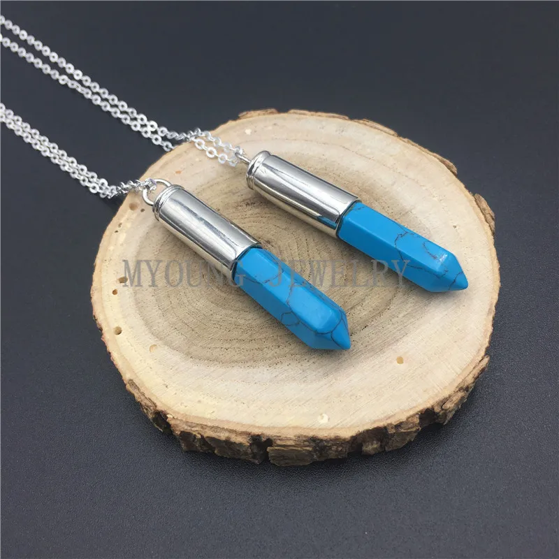 MY0822 Blue Howlite Point Spike Pendant Necklace with Big Silver Cap,Turquoises Silver Chain Necklace