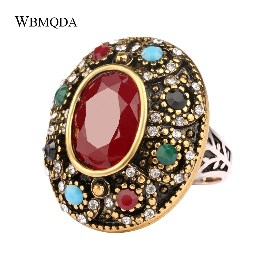 Bohemian Style Oval Colored Resin Ring Vintage Gold Color Wedding Rings Turkey Jewelry Gifts For Women Free Shipping