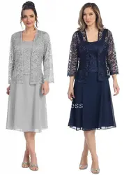 Plus Size blue 2025 Mother Of The Bride Dresses Sheath With Jacket Lace Applique Wedding Party Dress Mother Dresses For Wedding