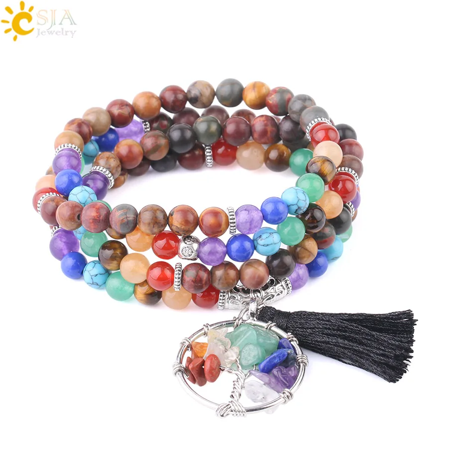 7 Chakra 6mm Stone Crystal Bracelet Multilayer Natural Stone 108 Mala Rosary Prayer Beads Life of Tree Tassel Pendant F683